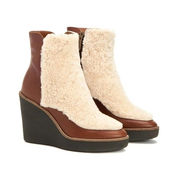 Aquatalia Violett Leather Shearling Wedge Ankle Bootie Bro… - Picture 1 of 11